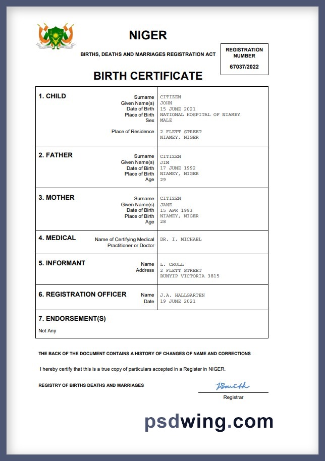 Niger Birth Certificate (Word & PDF)